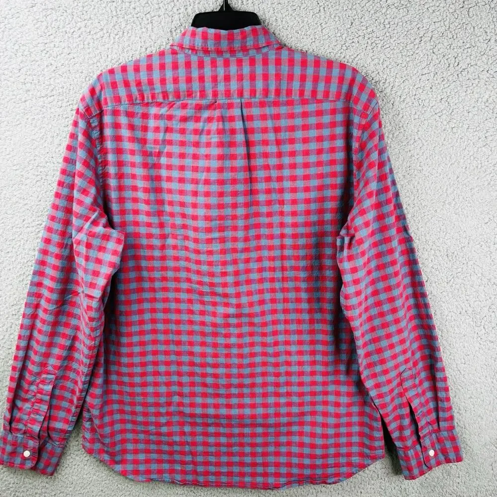 J CREW Shirt Mens L Blue Red Classic Fit Button Secret Wash Organic Cotton